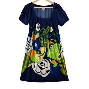 Eci New York Shift Dress Women 8 Floral Feminine Square Neck Navy Pleated Spring